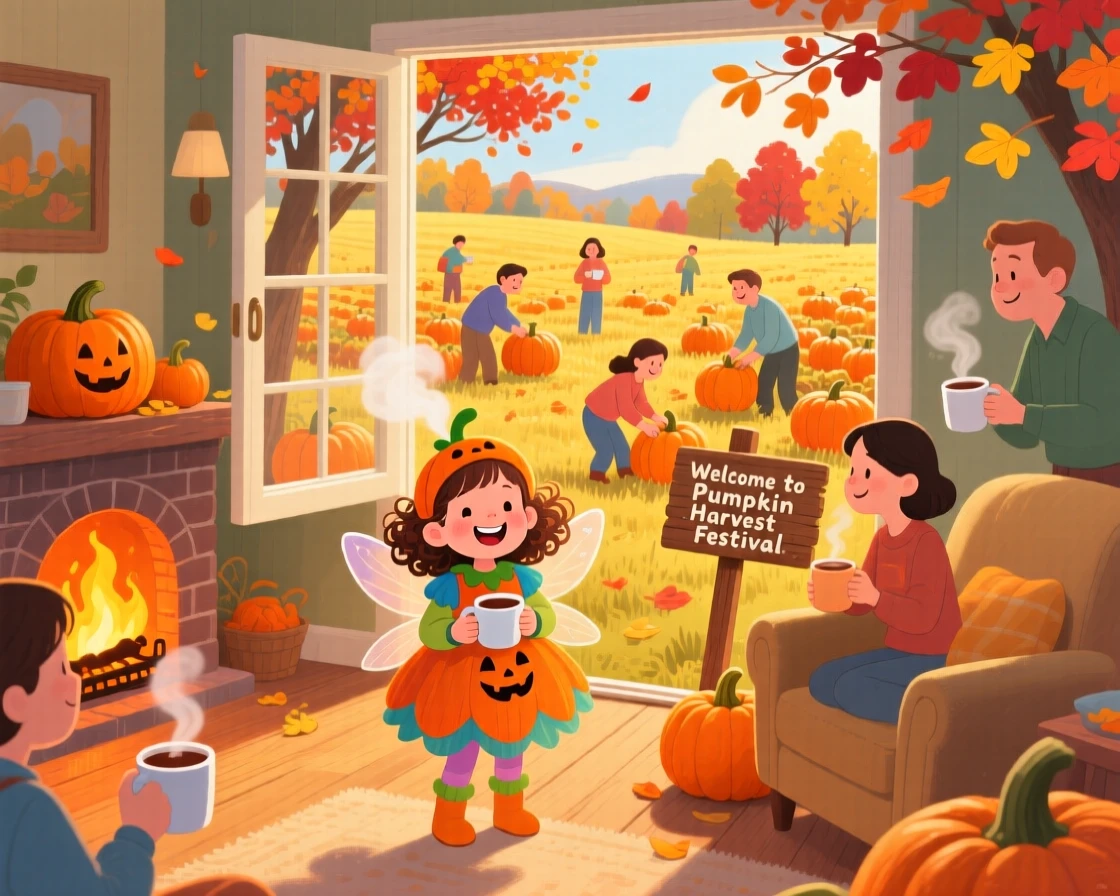 In a cozy living room by the fire, a little girl in a costume celebrate together by harvesting pumpkins in a golden autumn field, while warm cocoa steams in every hand.