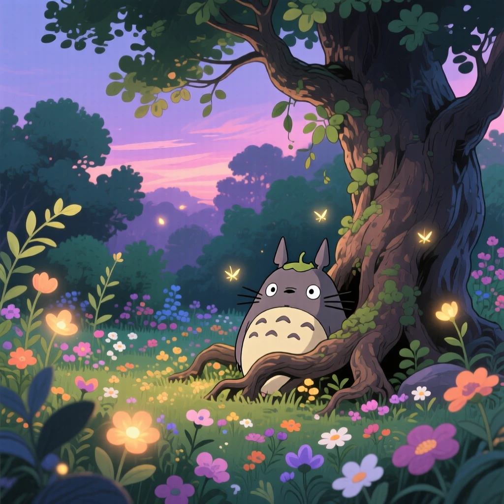 A garden where the flowers glow softly at twilight, where a friendly forest spirit peeking from behind a root can be seen nearby, the atmosphere quietly enchanting.
