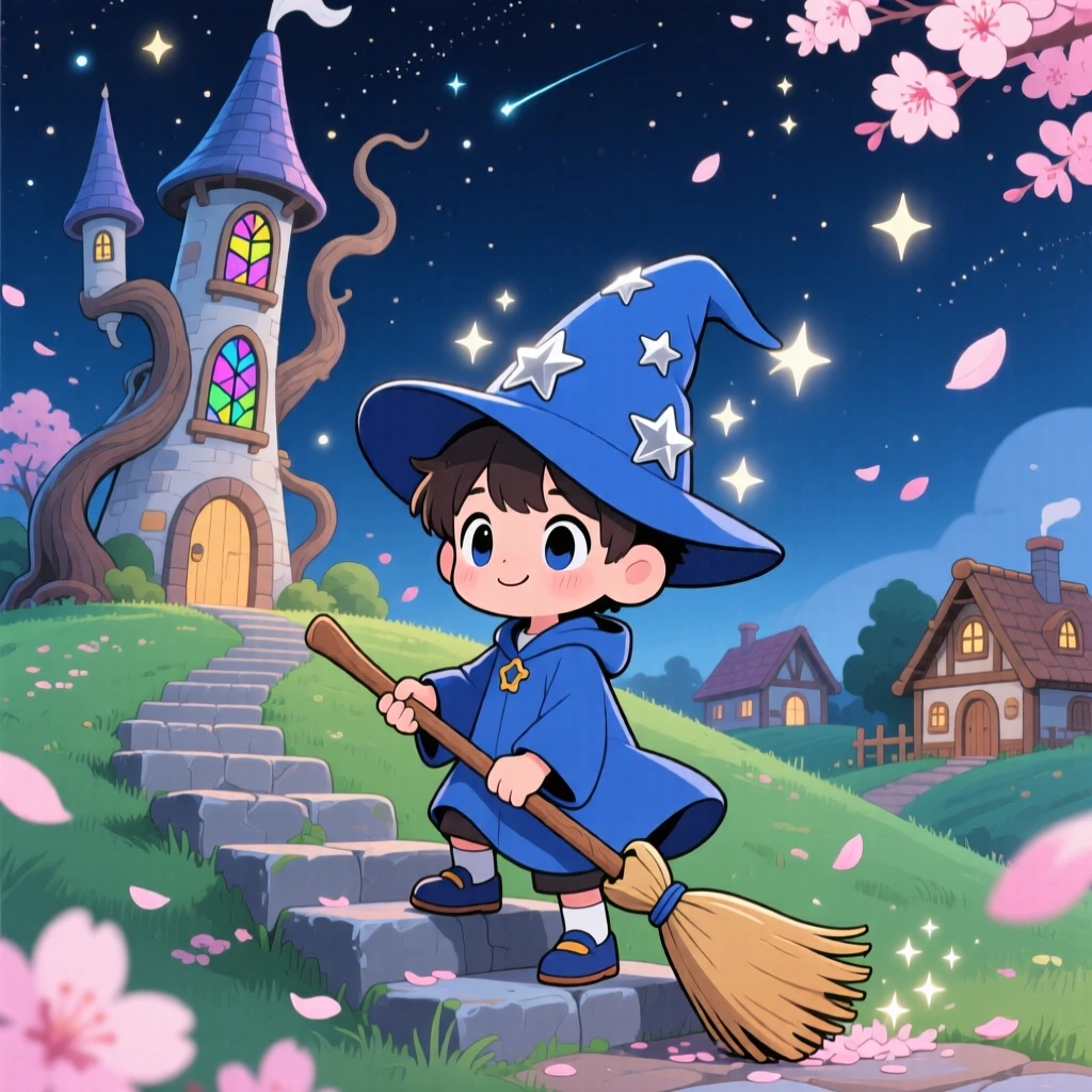 Full-body shot of a small wizard's apprentice, sweeping the steps of a crooked tower, in a mystical hillside village, as cherry blossom petals drift on the breeze, illuminated by sparkling starlight, radiating quiet contentment.