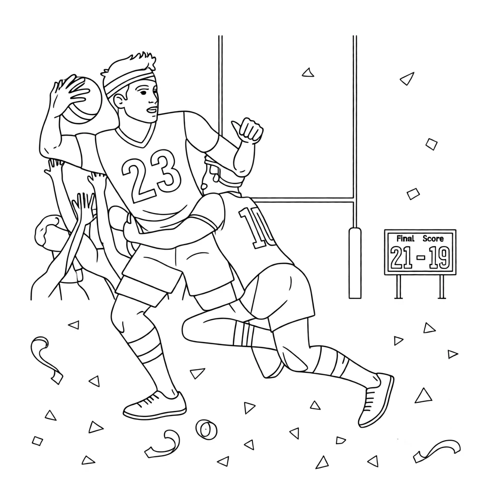 A rugby player breaking through a tackle, with confetti raining down after the winning moment.