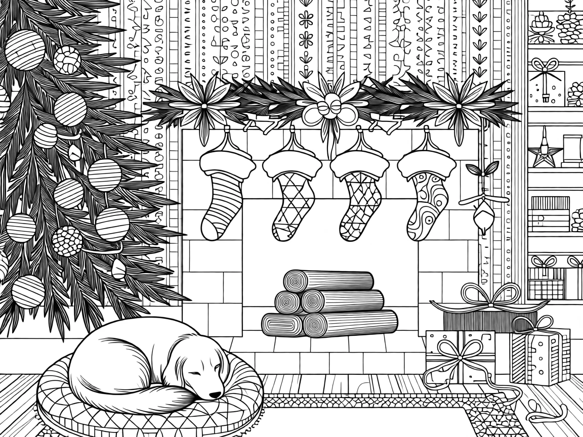 A Christmas Eve fireplace stocking scene with a sleeping dog curled below.