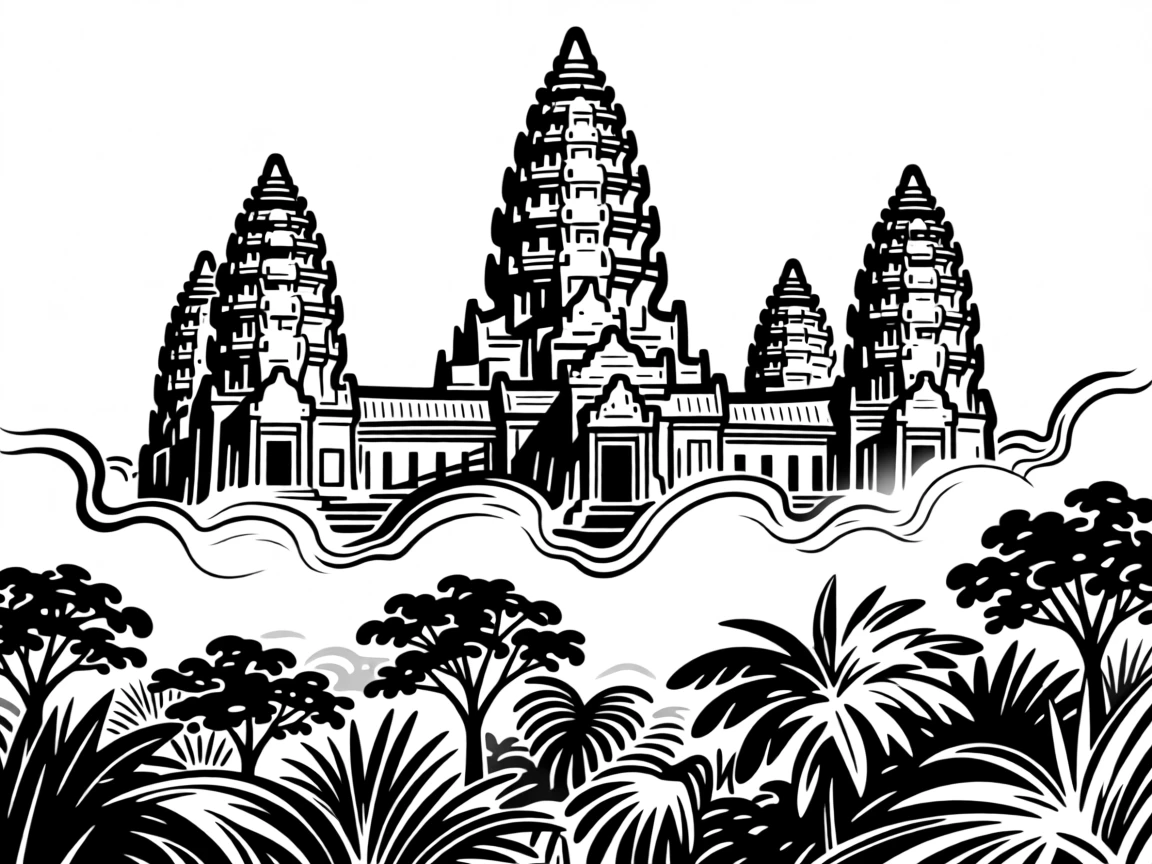 Angkor Wat's ancient stone towers rising above a misty jungle canopy.