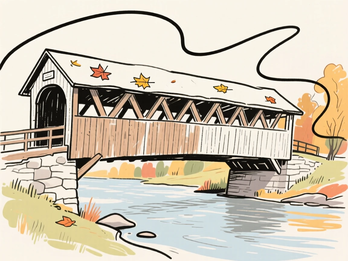 A rustic covered bridge spanning a quiet autumn river.