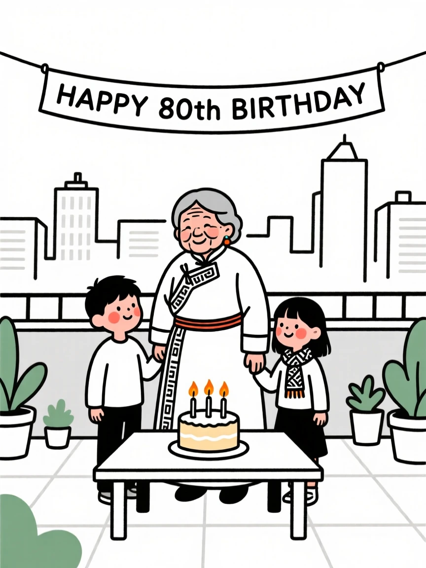 A grandmother and grandchildren of Mongolian heritage celebrating a milestone birthday, on a rooftop overlooking the city.