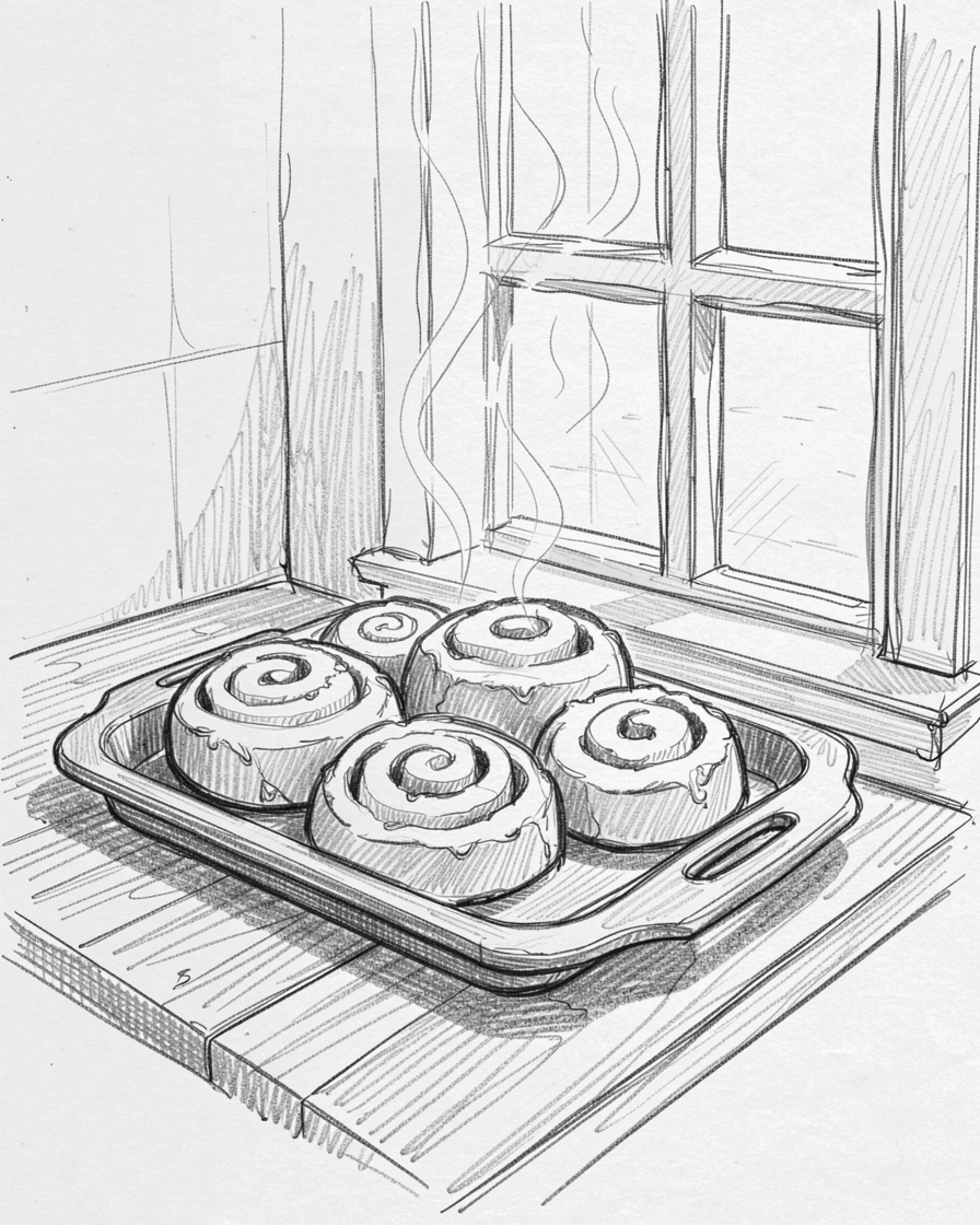 An appetizing still life of a tray of warm cinnamon rolls beside a sunlit kitchen window, with steam rising gently into the light.