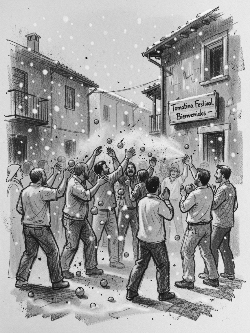 A traditional Spanish tomatina festival, under a soft blanket of falling snow.