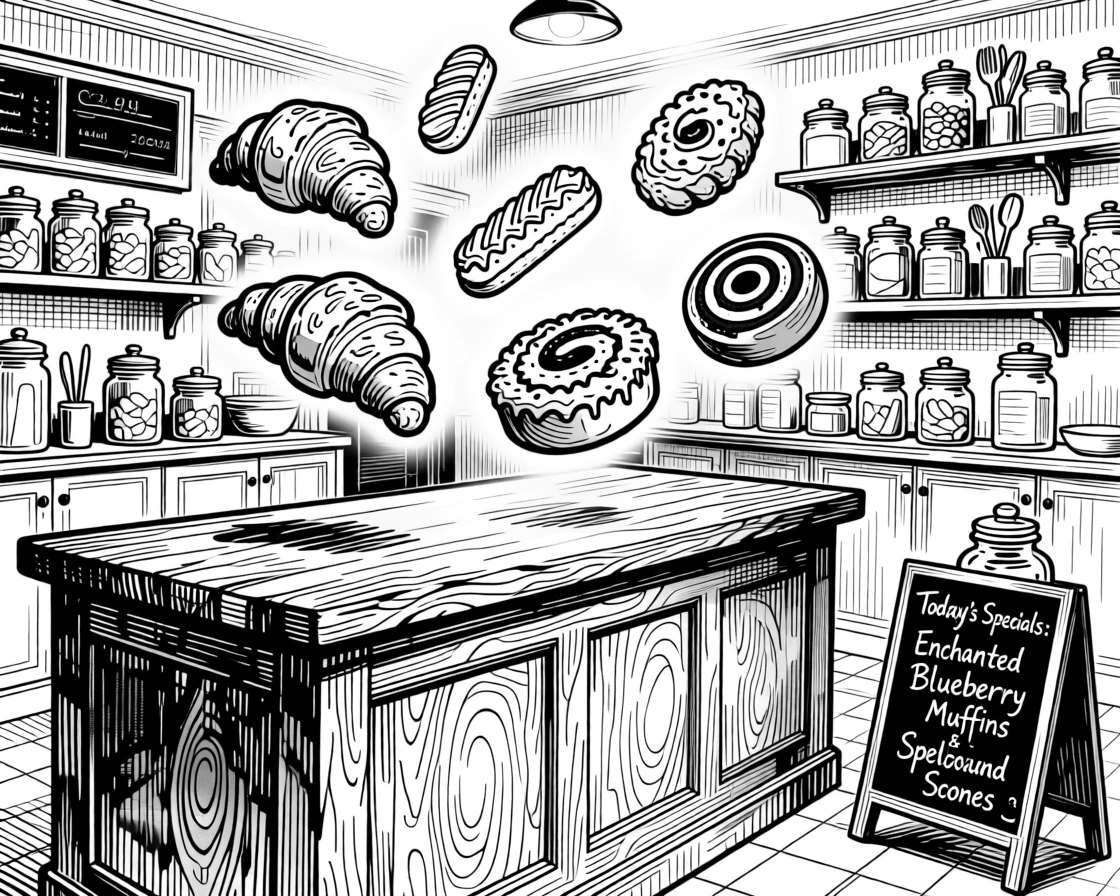 A magical bakery where pastries float gently above the counter, glowing softly.