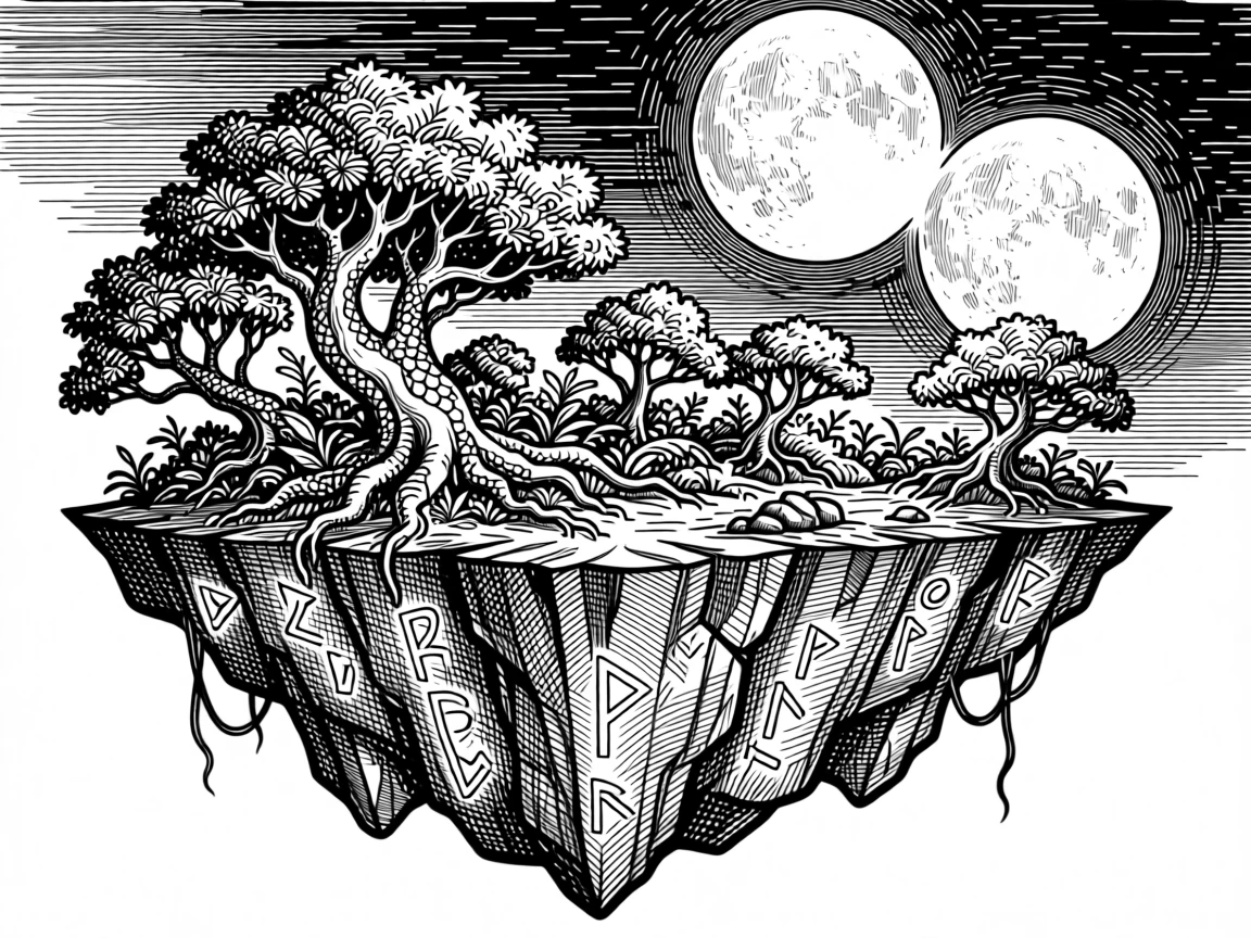 A floating island held aloft by ancient magic beneath a sky filled with twin moons, with delicate scales catching the moonlight, forming an awe-inspiring and magical fantasy scene.
