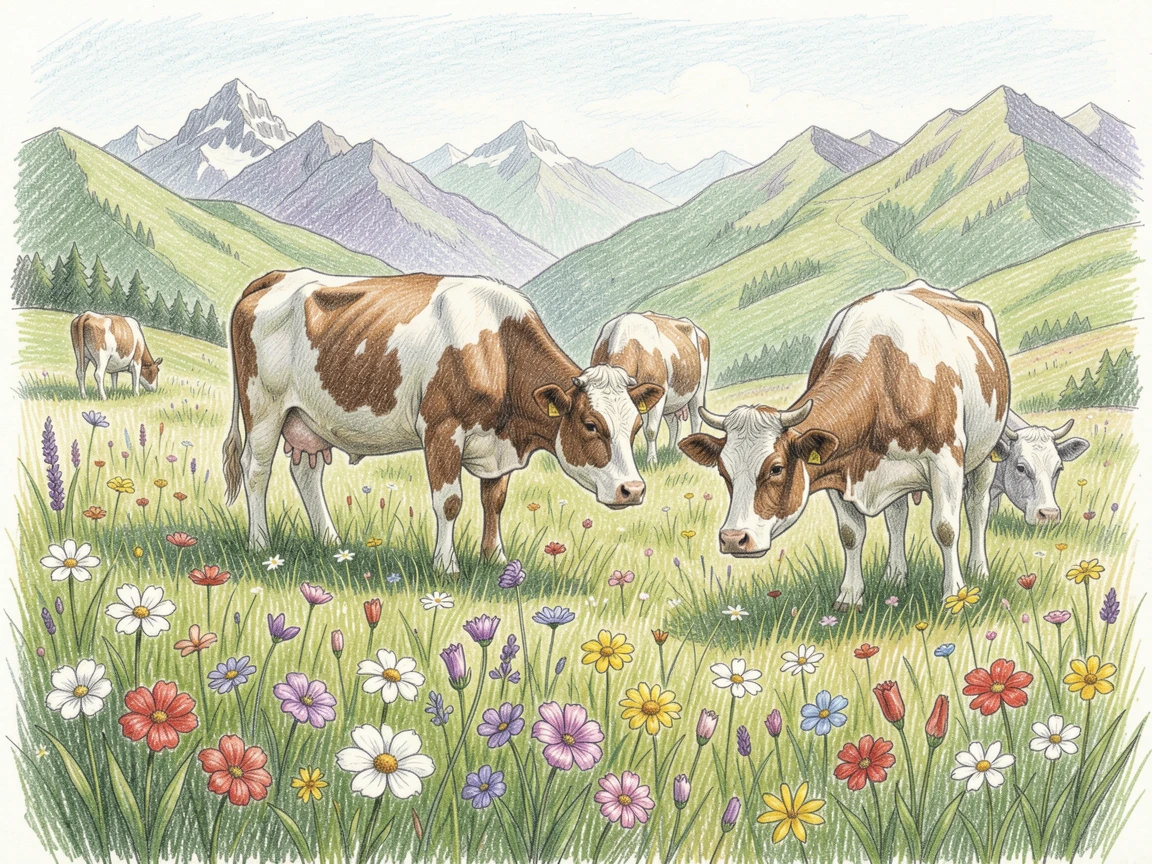 A Swiss alpine meadow dotted with wildflowers and grazing cows, with a gentle play of light and shadow across the composition, radiating comfort, joy, and quiet beauty.