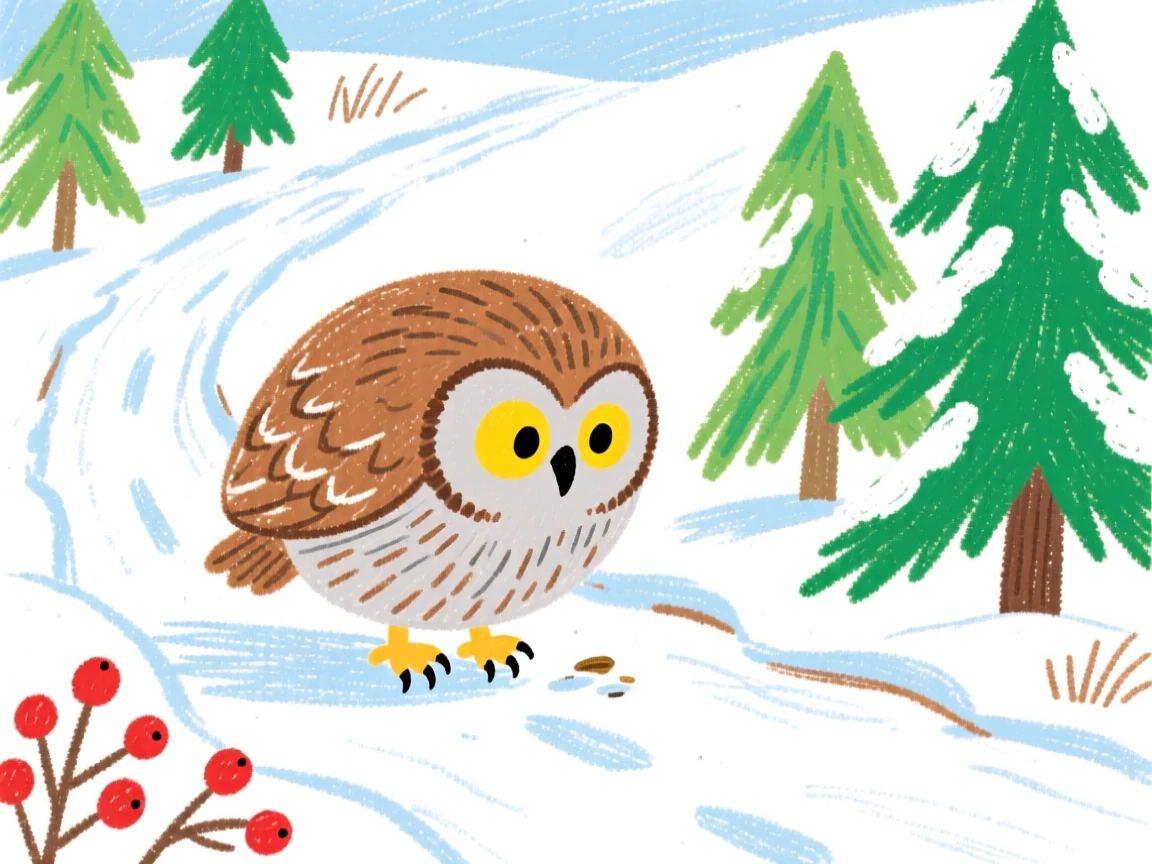 A screech owl foraging quietly along the edge of a snowy trail.