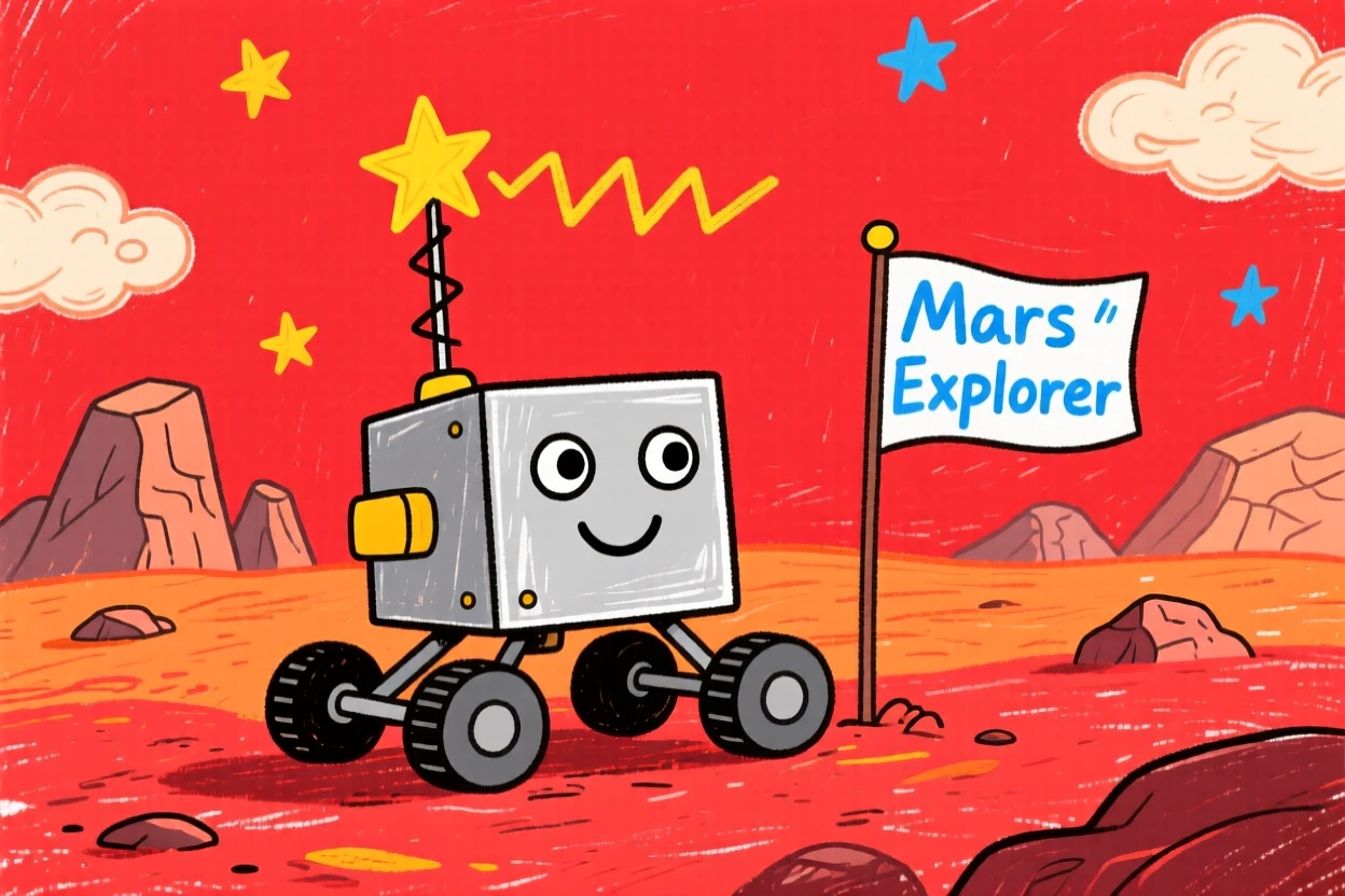 A small robot rover exploring a red Martian landscape.