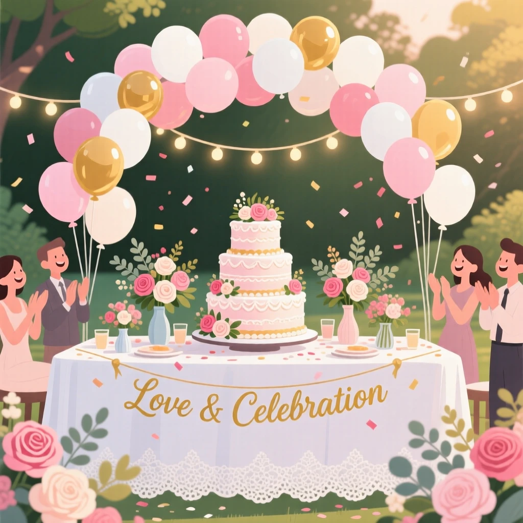 A festive wedding cake table decorated with fresh flowers, set beneath a canopy of festive balloons, framed to capture the festive atmosphere in full detail, with a joyful sense of togetherness and celebration.