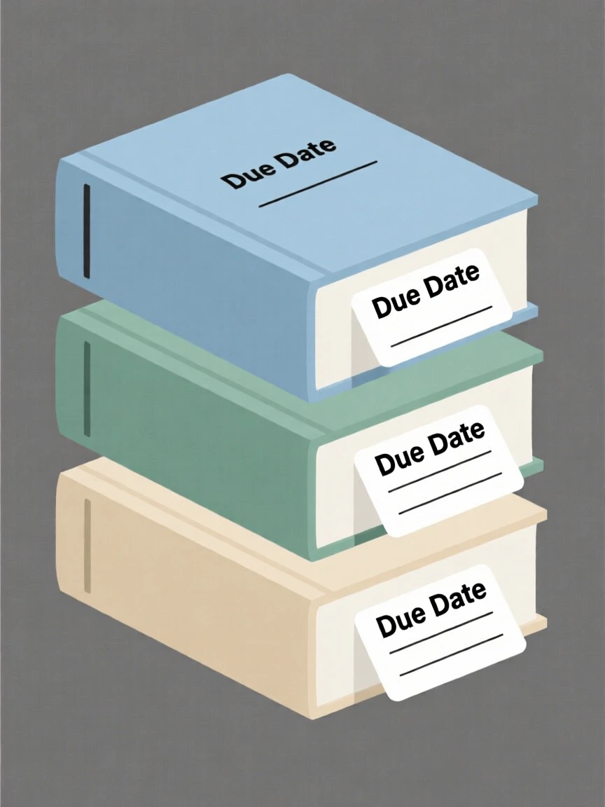 A stack of library books with due date cards