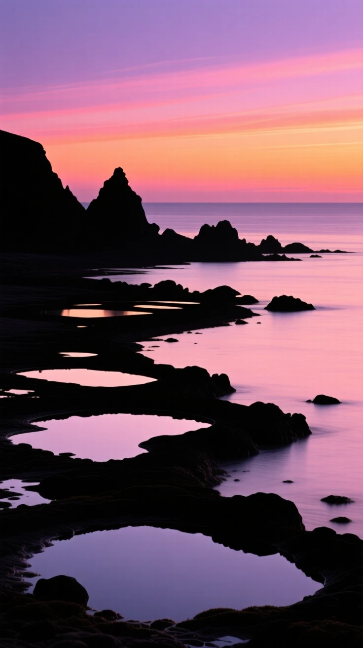 A quiet stretch of coastline with tide pools exposed at low tide.