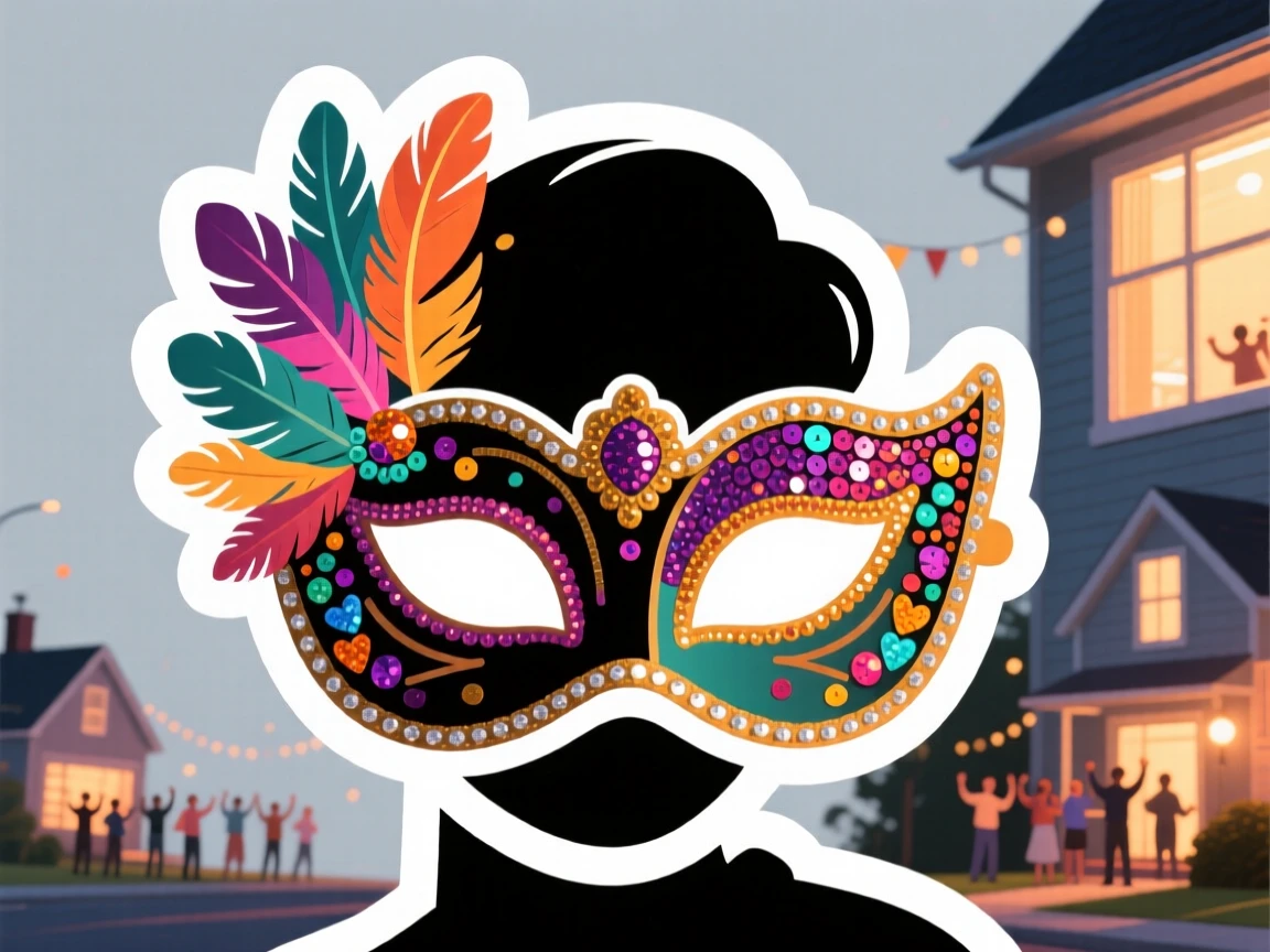 A cozy and heartwarming costume party mask with feathers and sequins, with warm light spilling from nearby windows, as the whole neighborhood celebrates together.