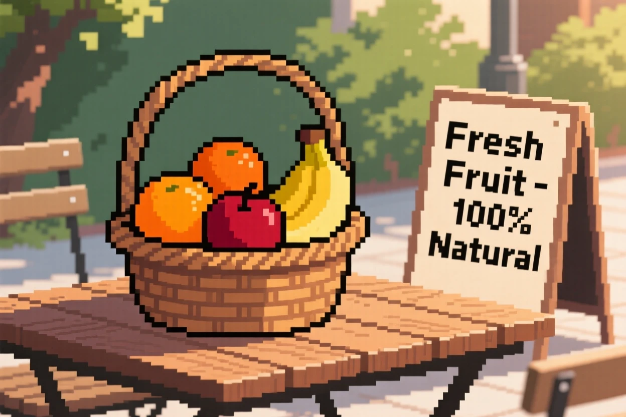 A basket of ripe fruit photographed with warm afternoon light streaming in, at an outdoor café table.