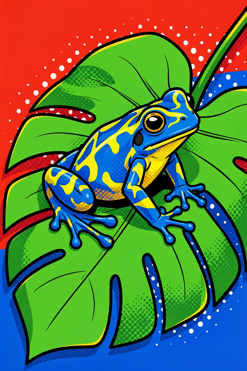 An elaborate poison dart frog resting on a rainforest leaf