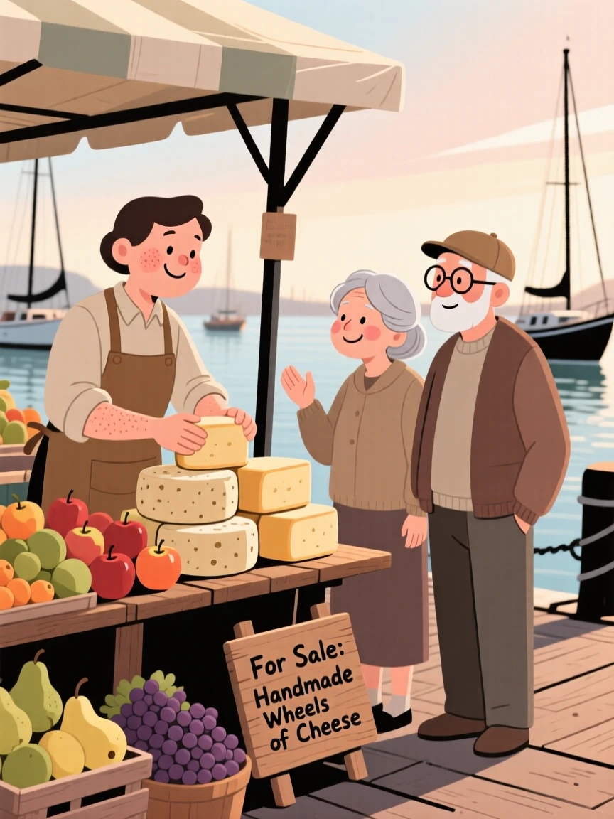 A fruit vendor arranges wheels of cheese at a bustling harbor market, greeting an elderly couple with a warm smile in the morning sun.
