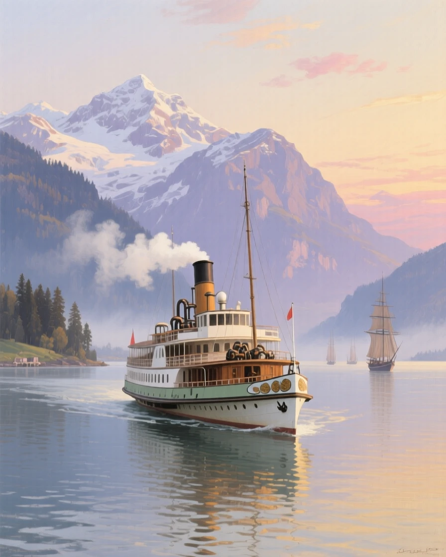 A sweeping wide shot of a steam ferry crossing a wide harbor at dawn, in the Swiss Alps, in the age of sailing ships.