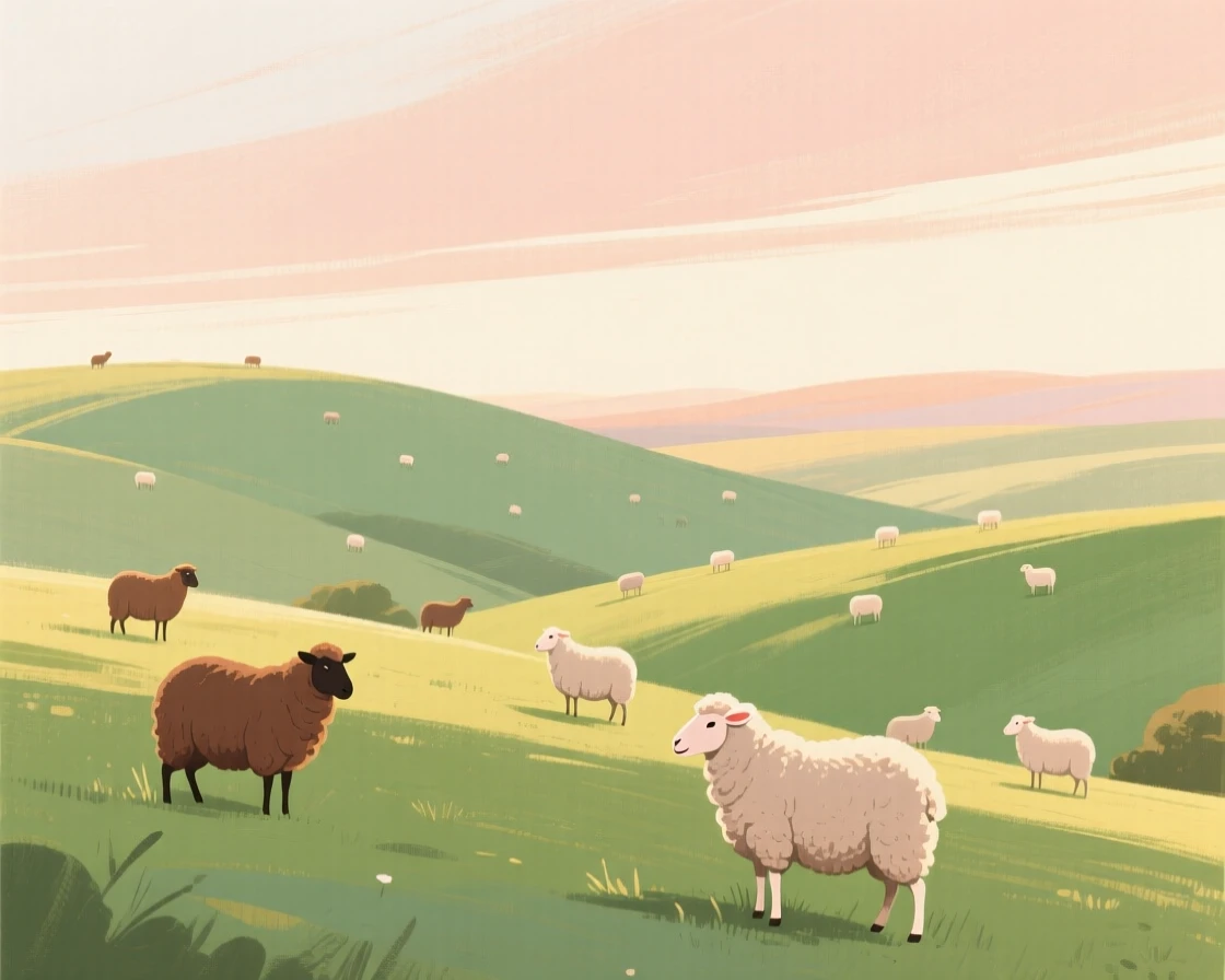 Rolling green hills dotted with grazing sheep beneath a wide open sky
