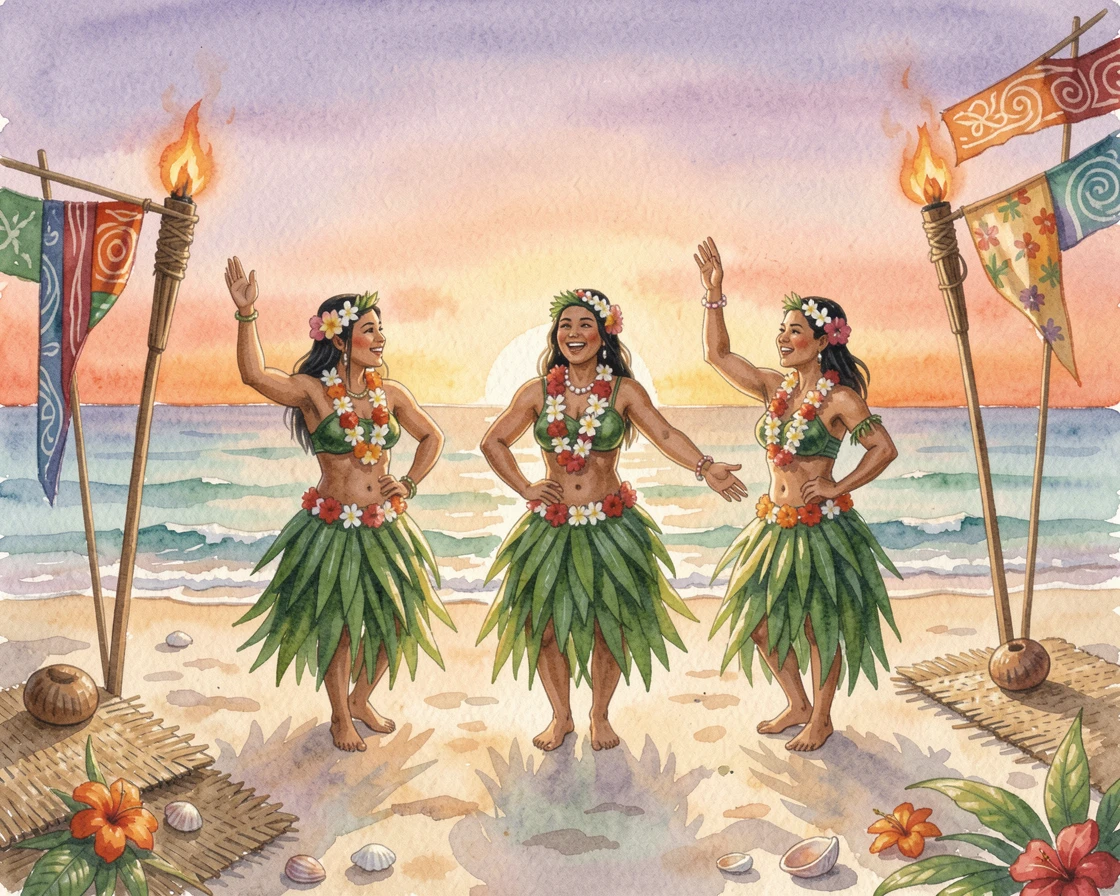 A Native Hawaiian hula performance on a beach at sunset surrounded by vibrant traditional decorations.
