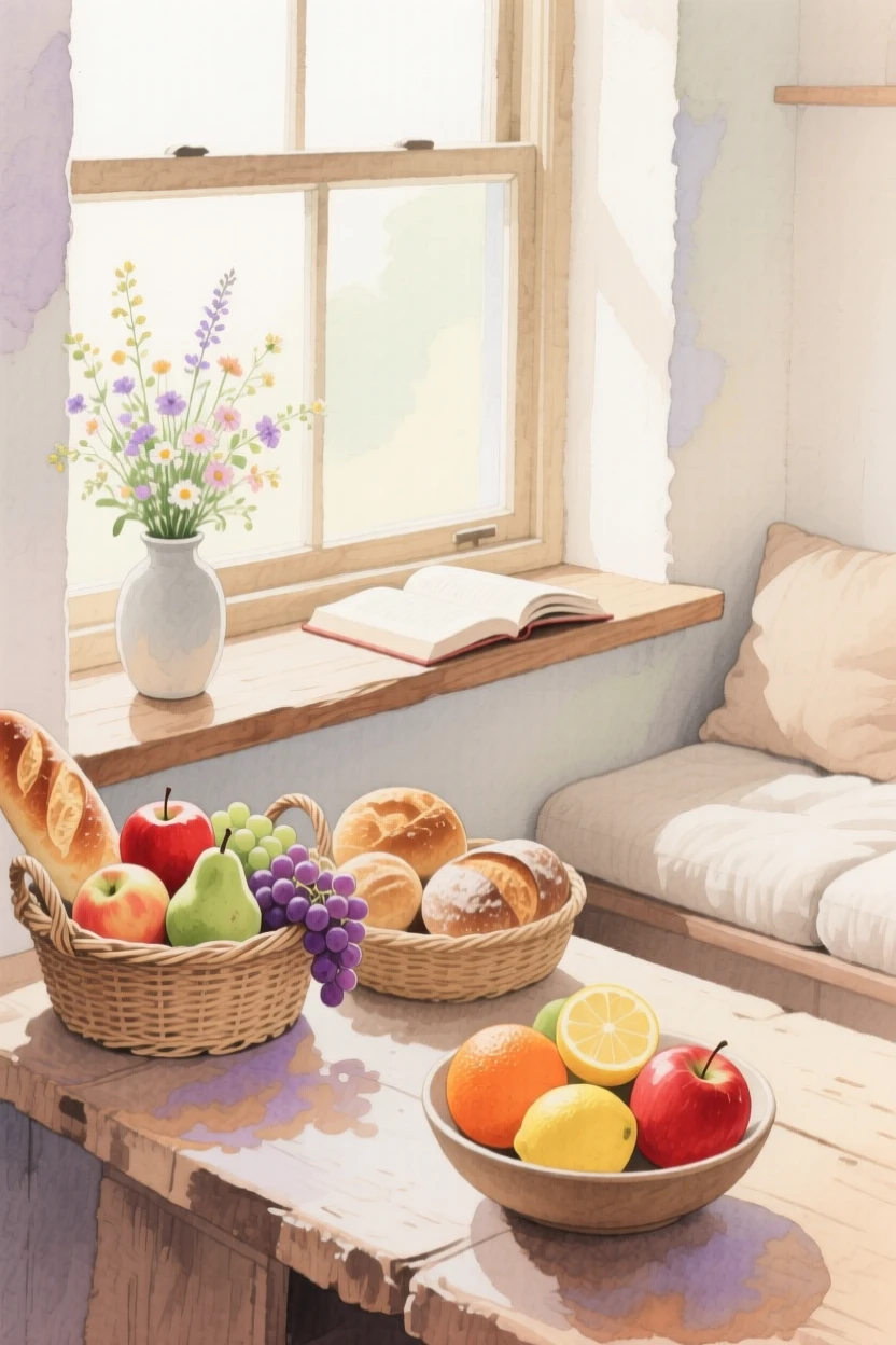 A charming view of a window reading corner, with baskets of fruit and bread on the counter, featuring a bowl of fresh fruit and wildflowers