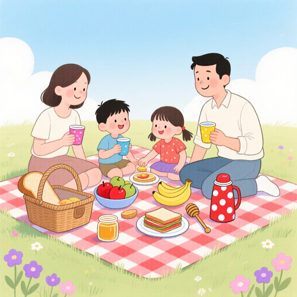 A heartwarming moment showing a family picnic spread across a checkered blanket.