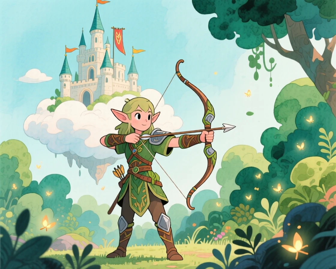An elven archer standing before a castle perched atop a cloud, in an enchanted forest glowing with fireflies, evoking a sense of epic adventure and courage.