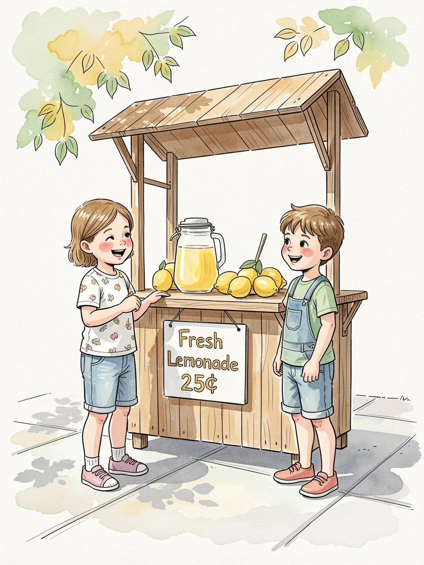 A summer lemonade stand run by two children on a sunny sidewalk, the mood cozy, joyful, and full of seasonal spirit.