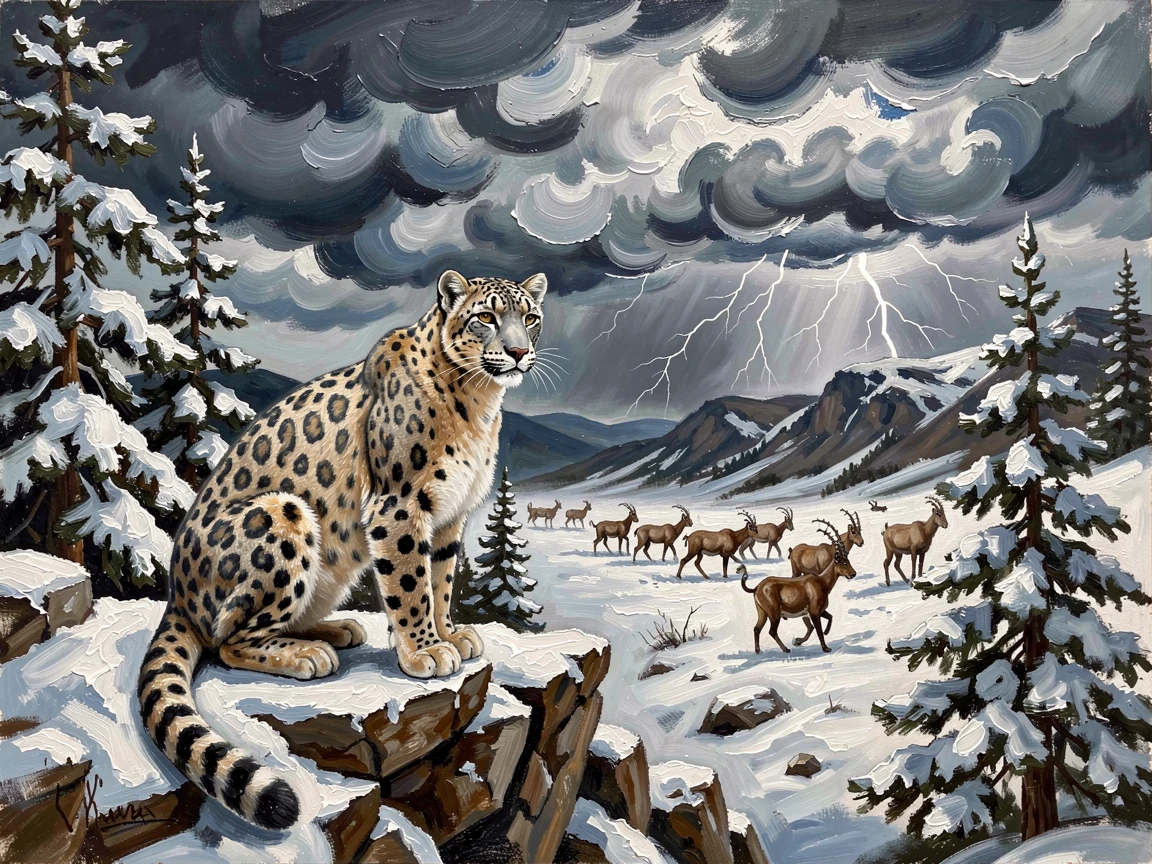 During a dramatic thunderstorm rolling in from the horizon, a snow leopard perched on a rocky mountain ledge, amid towering pine trees dusted with fresh snow, the herd moving together in perfect coordination.