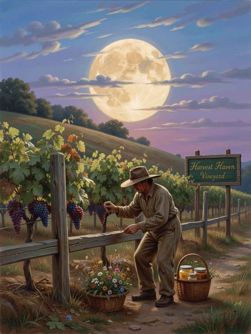A beekeeper mends a fence along a vineyard climbing a gentle hillside while the harvest moon glows above.