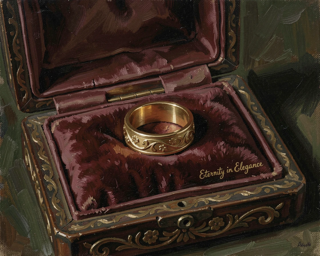 An elegant wedding ring resting inside an open antique box, with rich, deep colors adding a sense of opulence, evoking elegance, refinement, and quiet luxury