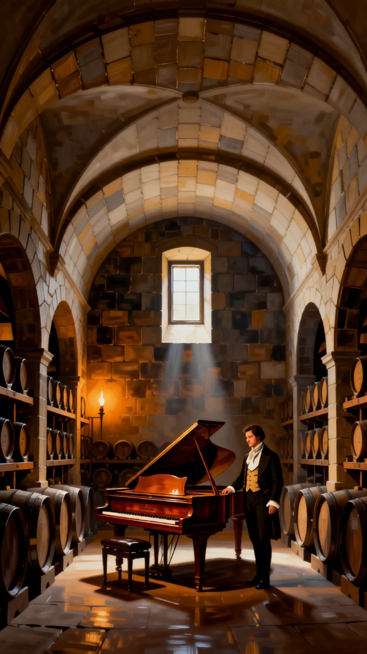 A vaulted wine cellar lit by flickering torchlight holding the quiet grandeur of a bygone era, set within a private estate untouched by passing time, with a single grand piano standing beneath a shaft of window light; a lone figure or object provides scale against the soaring architecture, suggesting both luxury and profound stillness.