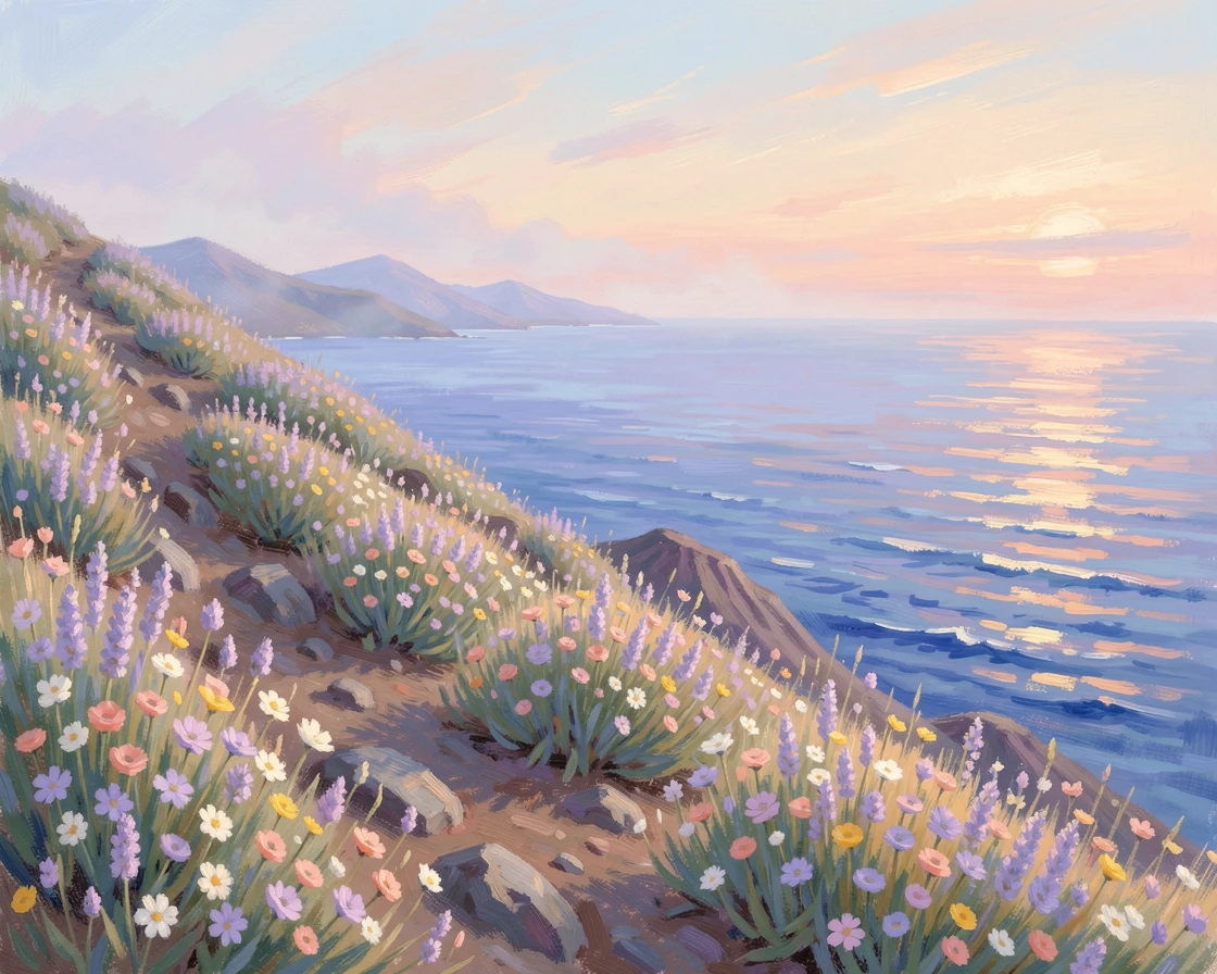 A wildflower-covered volcanic hillside on a Mediterranean island overlooking a deep blue sea, as the first light of dawn breaks.