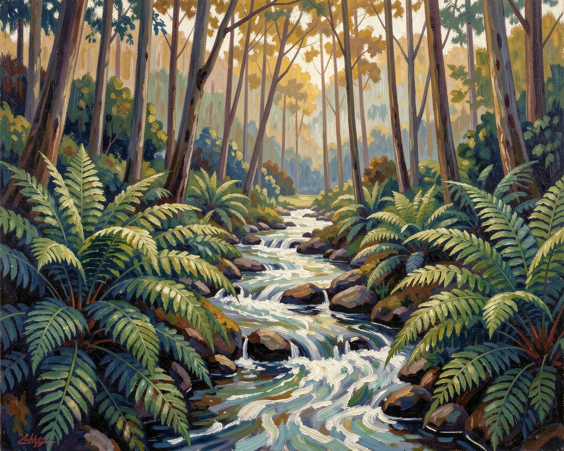 A shaded fern garden beside a trickling stream in a quiet forest clearing.