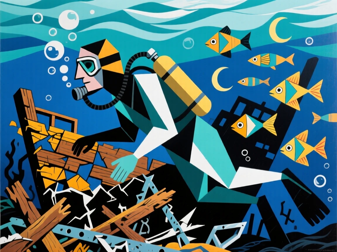 An engaging scene showing a diver exploring a sunken shipwreck surrounded by curious fish.
