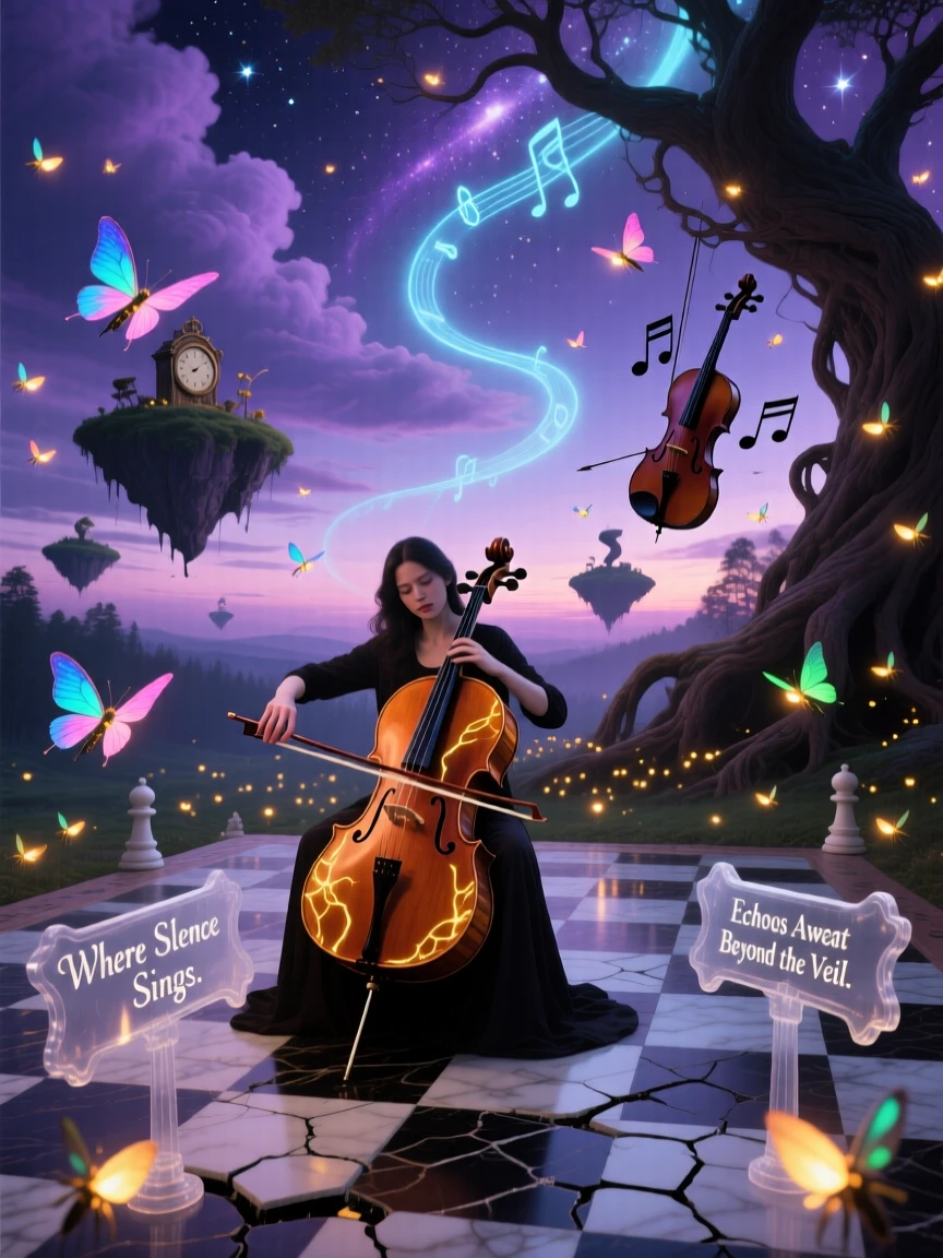 A cellist performing for an audience of softly glowing fireflies rests peacefully in a space that feels both familiar and strange, while a faint trail of light marks the path behind them.