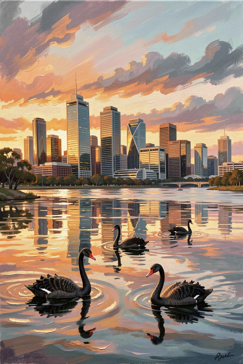 The Perth skyline glows warmly at sunset above the Swan River, black swans gliding across the water in the foreground, distant weather visible on the horizon hinting at conditions that will arrive within the hour.
