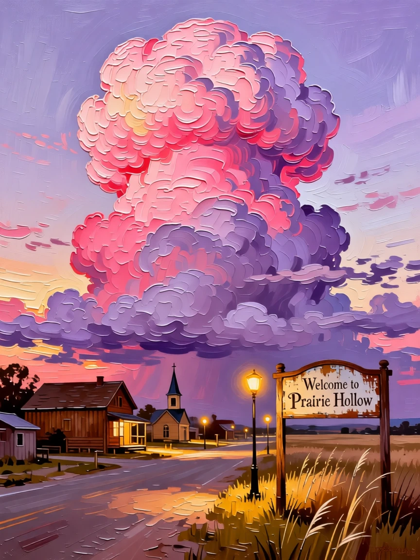 A dramatic mammatus cloud formation glowing pink above a quiet prairie town