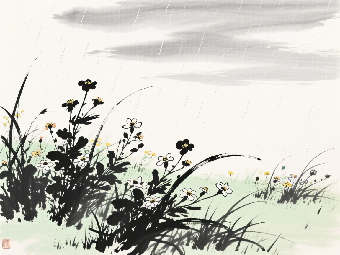 A meadow bursts with wildflowers beneath a pale spring sky, beneath a sky washed clean by recent rain.