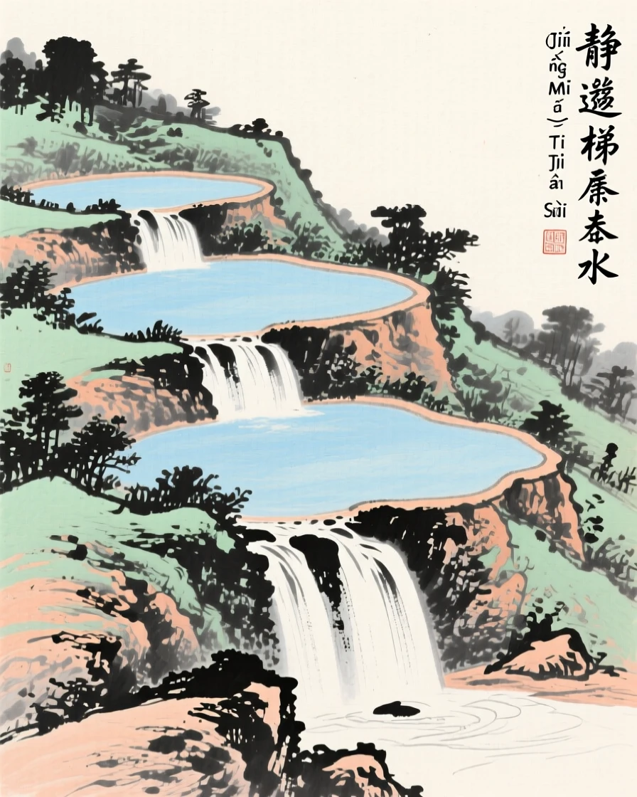 A series of terraced pools cascading down a hillside, full of quiet reverence.