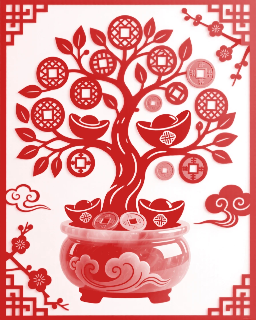 A money tree laden with coins and ingots instead of leaves, growing from a pot of polished jade