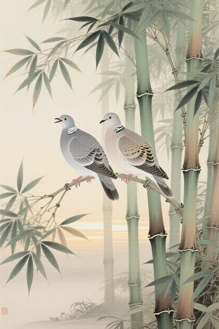 A pair of turtledoves calling out from a bamboo grove, soft morning light filtering through the branches