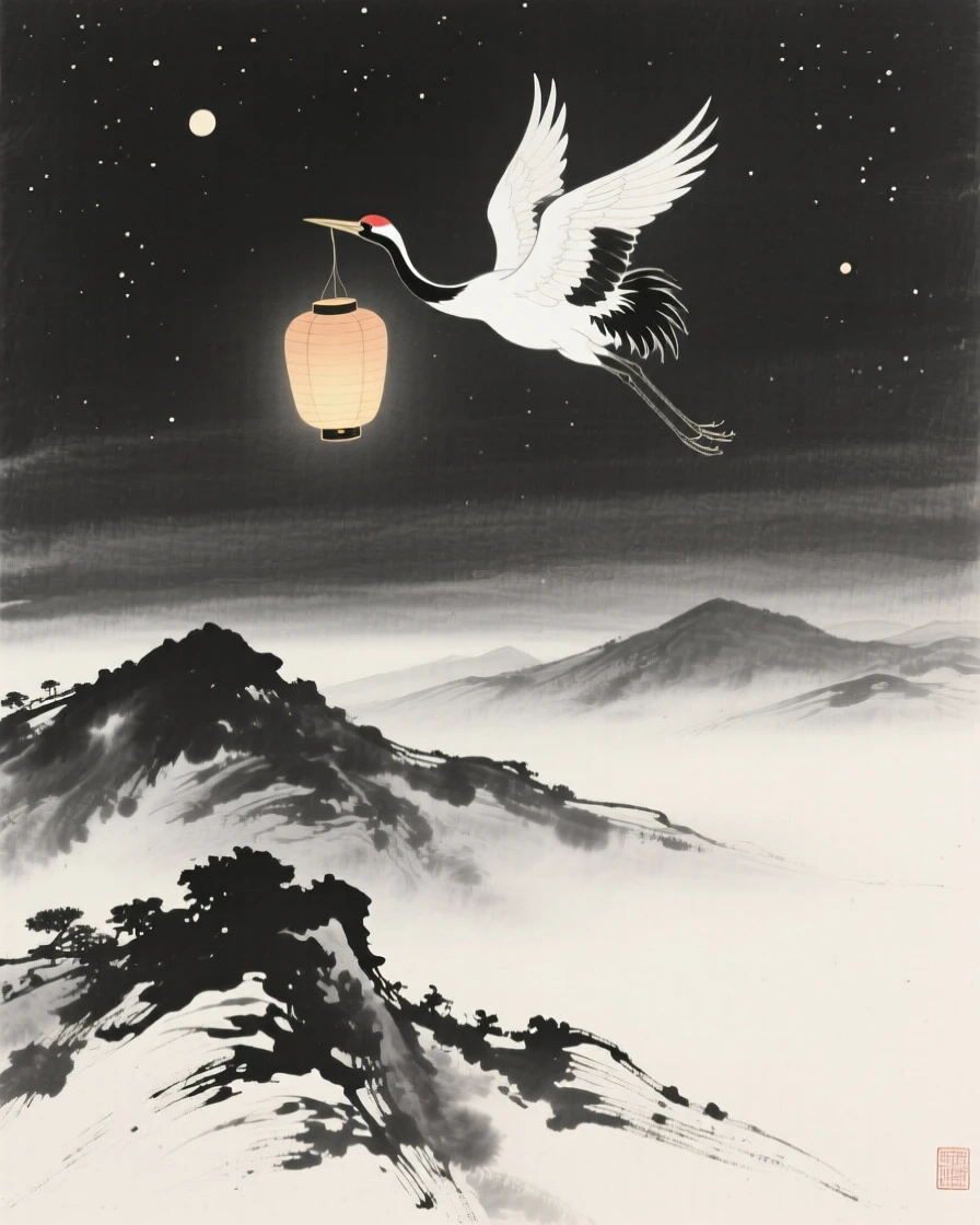 A celestial crane carrying a lantern through the night sky above a mist-shrouded mountain range, seen from below, looking up in quiet awe, suggesting ancient legend brought gently to life.