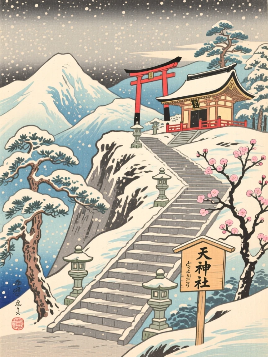 A mountaintop shrine staircase nestled in a snowy mountain valley.
