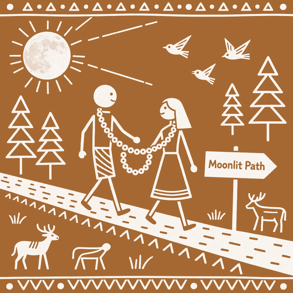 A couple exchanging garlands walking together along a moonlit path.