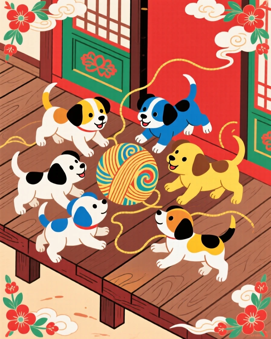 A litter of puppies playing with a ball of yarn on a wooden porch.