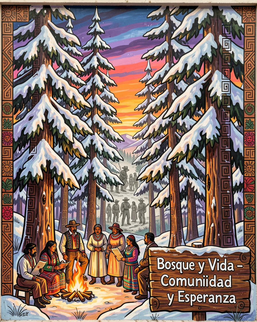 A snow-dusted pine forest at first light in winter