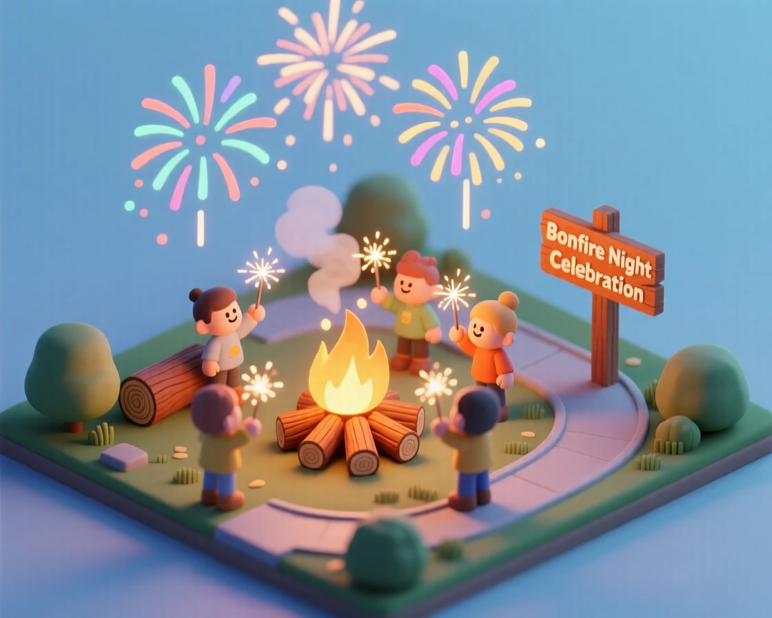 A Bonfire Night celebration with sparklers held aloft, fireworks bursting overhead, and a bonfire crackling in a park.