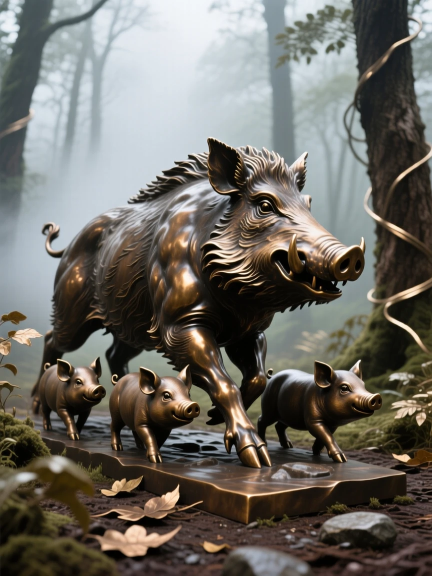 A wild boar leading its piglets through a misty forest, rendered with rich, dynamic energy, evoking wonder and majesty